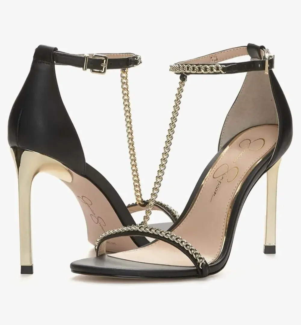 Jessica Simpson Qiven Chain T-Strap Dress Sandals,Black/Gold,9.5 - Picture 2 of 16